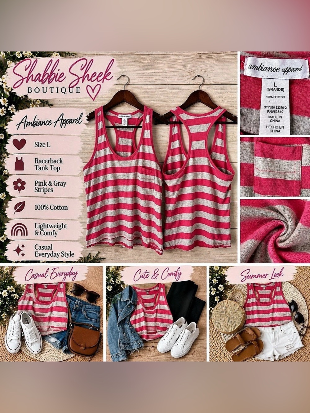 Ambiance Apparel Pink and Gray Striped Racerback Tank Top with Chest Pocket Pink